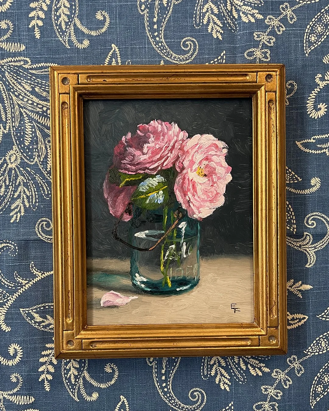 Roses in Bell Canning Jar, 8x6 inches, original oil painting